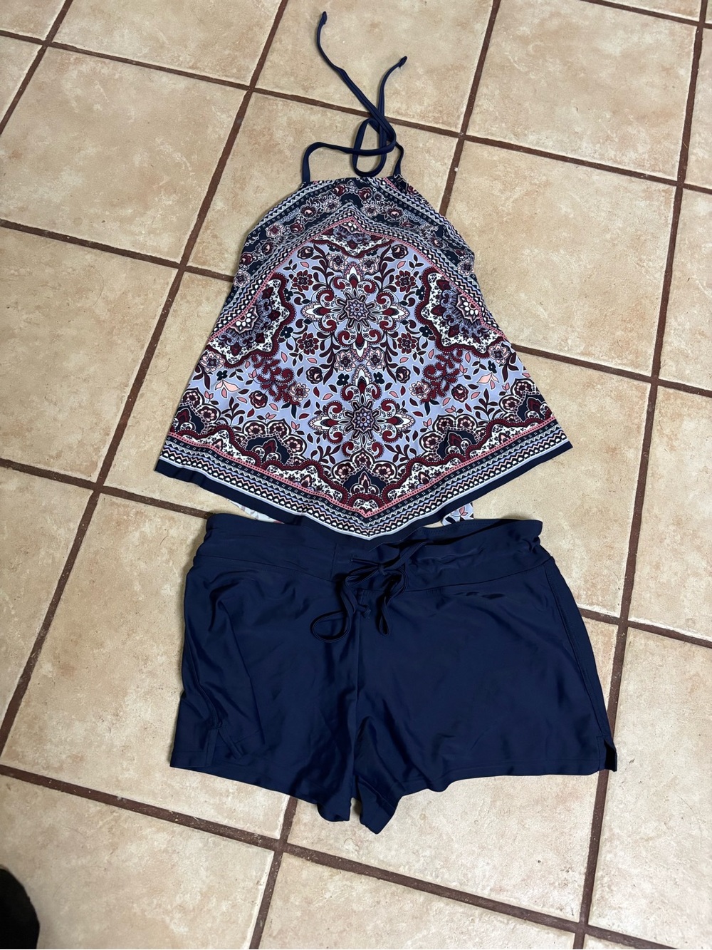(A325)Kona Sol Navy Blue Floral Halter Tankini Top with Navy Swim Shorts